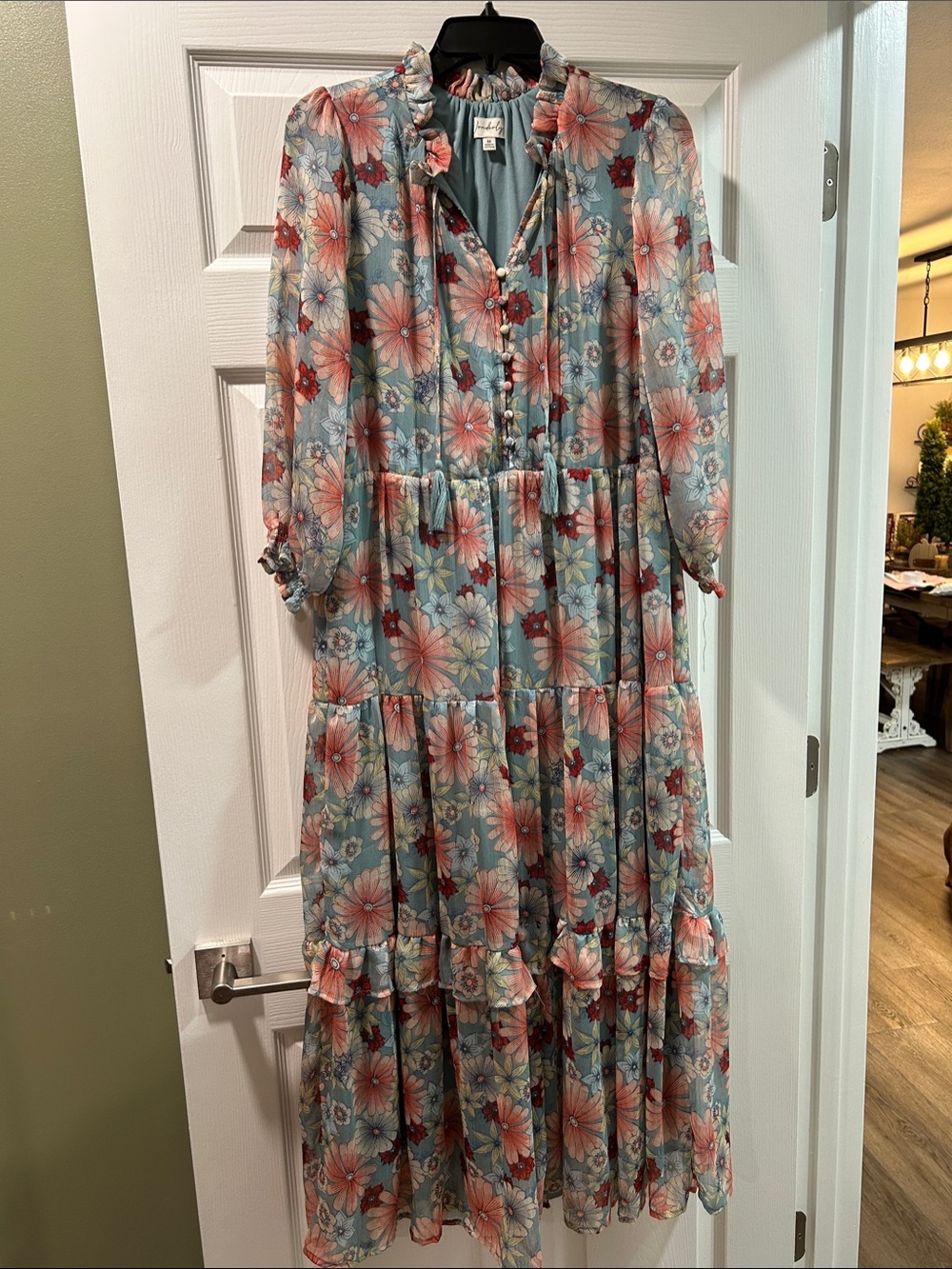 NWOT Wonderly Light Blue Maxi Dress with Coral Floral Print- never worn